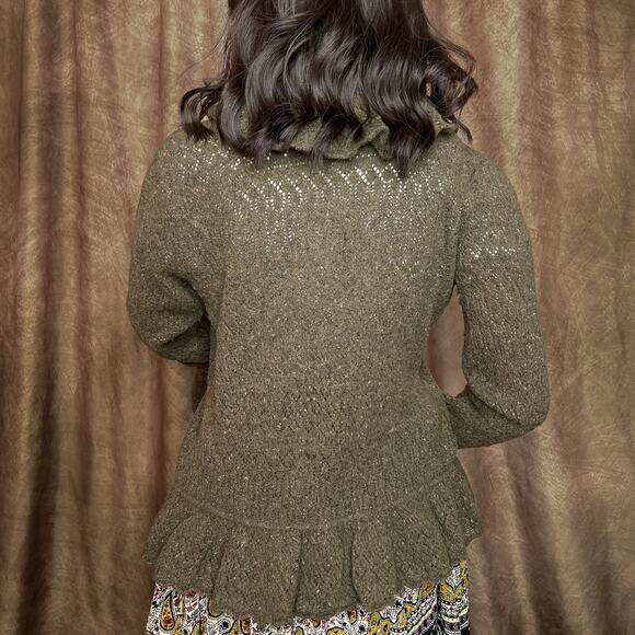 Vintage 90s Ruffled Cardigan Sweater Green Knit Long Sleeve V Neck Fairy Grunge - Picture 5 of 8